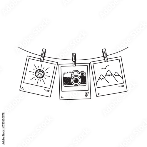 Hand-drawn travel photos hanging on a clothesline, vintage memory doodle illustration.
