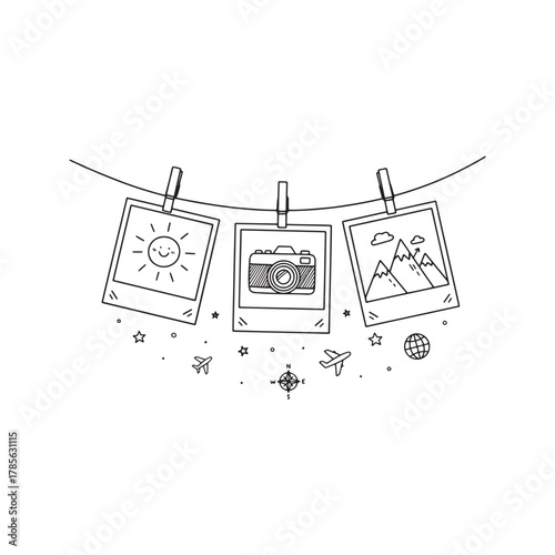 Hand-drawn travel photos hanging on a clothesline, vintage memory doodle illustration.
