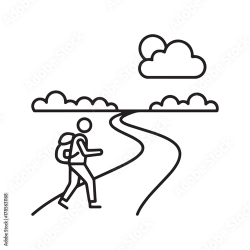 Outdoor walking line icon, hiker with backpack on a countryside path, nature travel vector.
