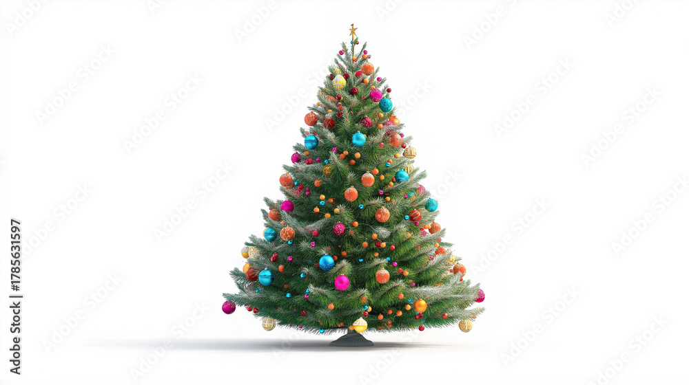 Obraz premium Festive Christmas Tree: a beautifully decorated Christmas tree, aglow with a myriad of colorful ornaments and twinkling lights.