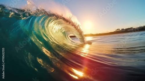 Fototapeta Naklejka Na Ścianę i Meble -  beautiful rolling seawater wave with sunset view