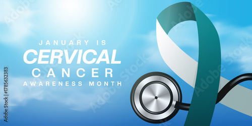January is National Cervical Cancer Awareness Month. Ribbon, stethoscope, cloud and sun. Suitable for posters, banners and social media. Blue background.