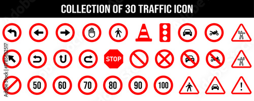 Collection of traffic icon road sign. Set of traffic icons in various design styles featuring road signs, arrows, stop indicators, and speed limits, representing transport and safety in vector format.