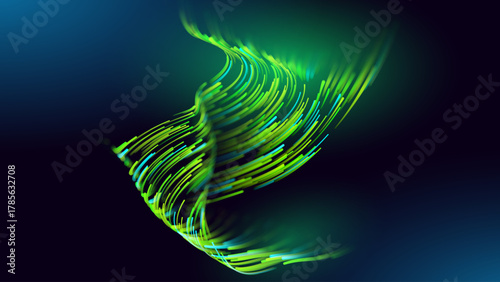 Green Glowing Dots Wave Lines Abstract Background. Futuristic Energy Flow, Digital Tech, Data Stream Design, Sustainable Renewable Energy Presentation Backdrop. Green Tech and Science Vector.
