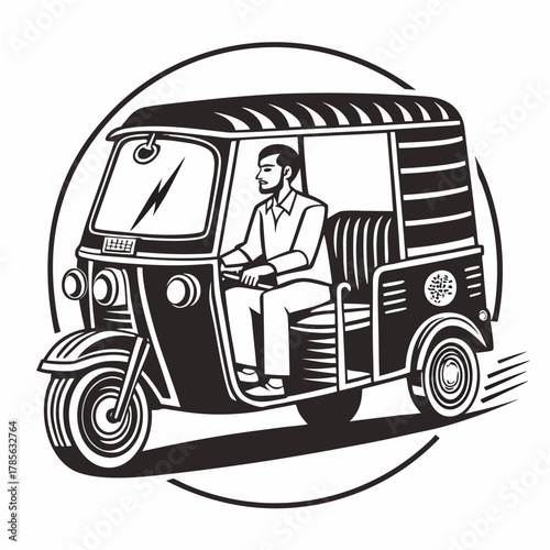Auto Rickshaw Illustration: Man Driving a Three-Wheeled Taxi

