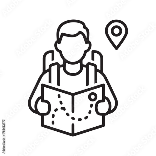 Traveler with map and backpack line icon, tourist navigation and location pin symbol.
