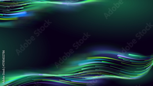 Green Glowing Dots Wave Lines Abstract Background. Futuristic Energy Flow, Digital Tech, Data Stream Design, Sustainable Renewable Energy Presentation Backdrop. Green Tech and Science Vector.