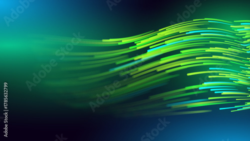 Green Glowing Dots Wave Lines Abstract Background. Futuristic Energy Flow, Digital Tech, Data Stream Design, Sustainable Renewable Energy Presentation Backdrop. Green Tech and Science Vector.