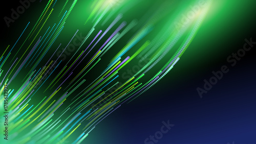 Green Glowing Dots Wave Lines Abstract Background. Futuristic Energy Flow, Digital Tech, Data Stream Design, Sustainable Renewable Energy Presentation Backdrop. Green Tech and Science Vector.