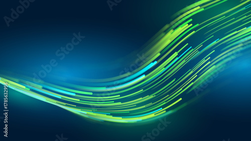 Green Glowing Dots Wave Lines Abstract Background. Futuristic Energy Flow, Digital Tech, Data Stream Design, Sustainable Renewable Energy Presentation Backdrop. Green Tech and Science Vector.