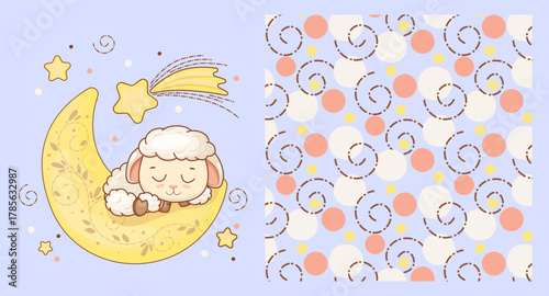 Cute Sheep Sleeping on Moon Vector Illustration