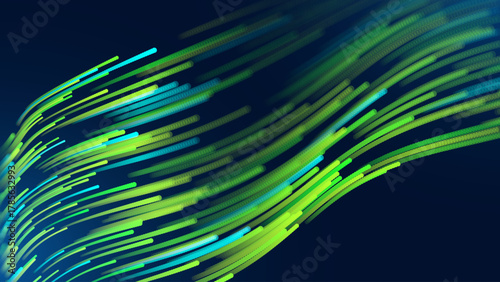 Green Glowing Dots Wave Lines Abstract Background. Futuristic Energy Flow, Digital Tech, Data Stream Design, Sustainable Renewable Energy Presentation Backdrop. Green Tech and Science Vector.