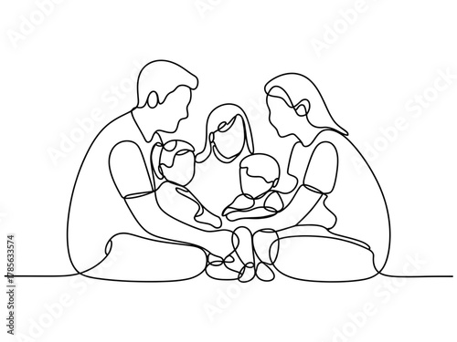 A loving family creates a circle of connection with their children in this heartwarming illustration.
