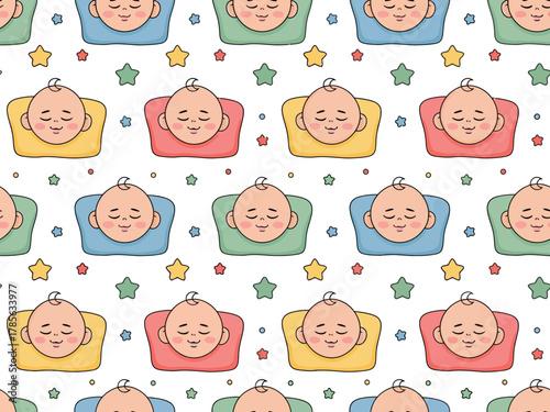 A charming seamless pattern featuring sleeping babies on colorful pillows and stars.