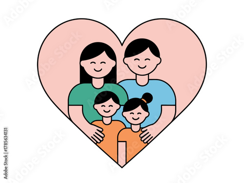 A loving family portrait is embraced within a large heart shape.