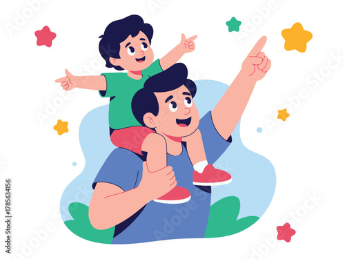 A father carries his son on his shoulders, both looking up at the stars with wonder.