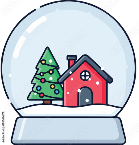 festive christmas snow globe with a decorated tree and cozy red house, evoking holiday cheer and winter wonderland magic, perfect for seasonal decor and greeting cards