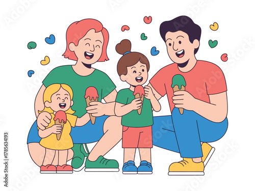 A happy family enjoys ice cream cones on a vibrant, colorful day.