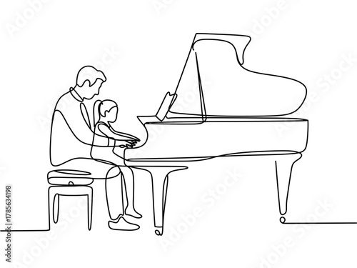 A father and daughter play a grand piano together, sharing a musical moment.