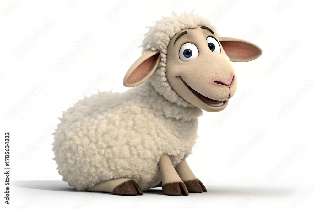 Obraz premium A friendly cartoon sheep with large blue eyes and a fluffy white fleece sits on a white background