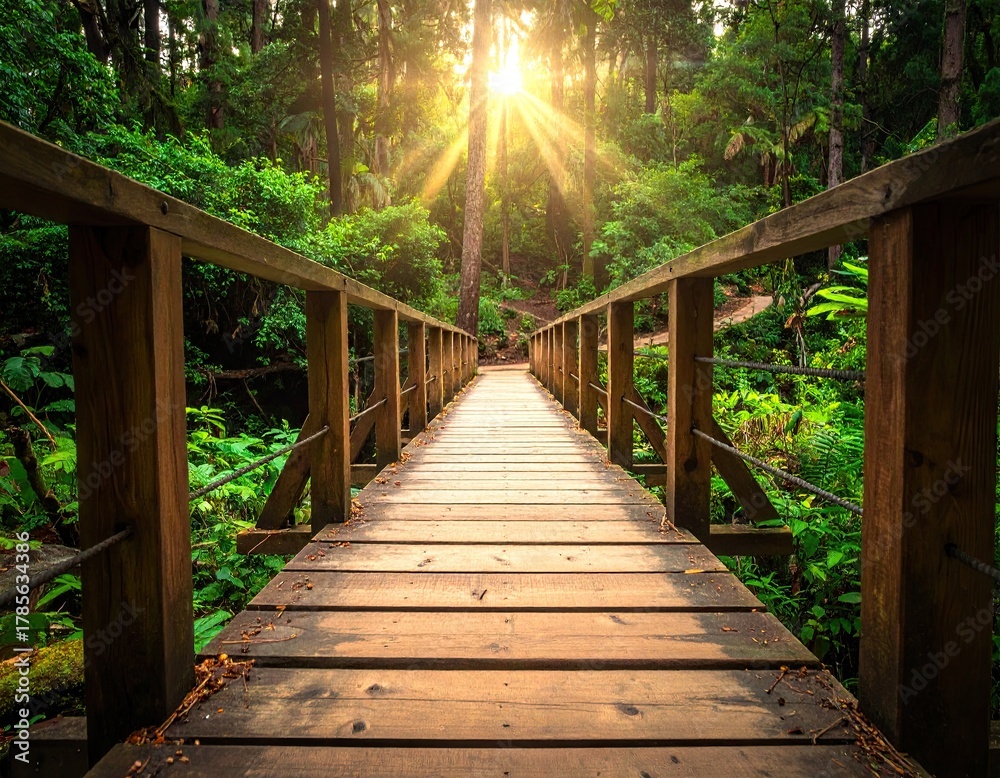 Obraz premium Wooden Footbridge Through Lush Green Forest with Sunlight Shining Through Canopy Perspective View