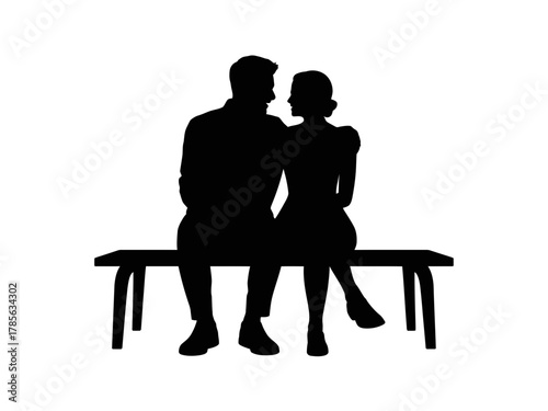 A couple sits closely together on a bench, silhouetted against a white background.