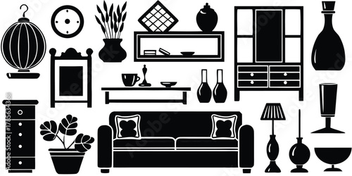 Collection of vintage furniture and home decor silhouettes isolated on white background