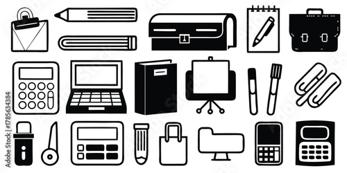 Collection of black and white office supplies and stationery icons isolated on white background