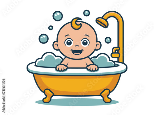 A happy baby enjoys a bubbly bath in a classic bathtub.
