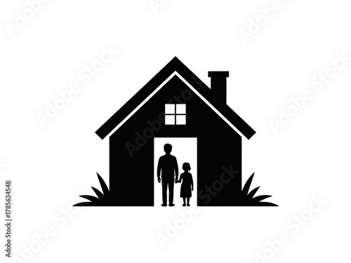 A person and a child stand in the doorway of a house.