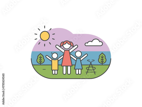 A parent and two children enjoying a sunny day outdoors with raised arms.