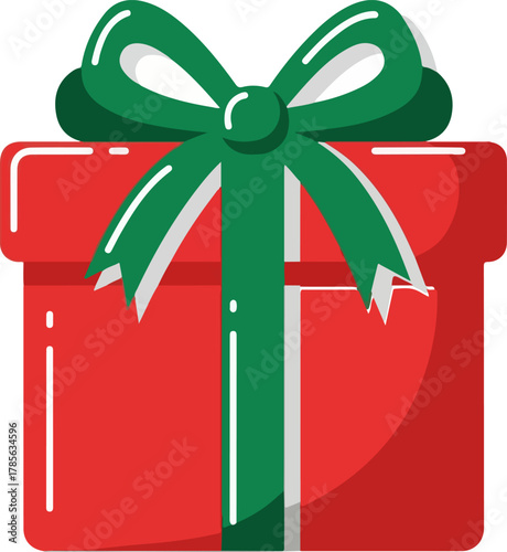A detailed, vibrant, red Christmas gift box with a green ribbon bow, perfect for holiday celebrations, presents, and festive occasions, symbolizing joy and generosity