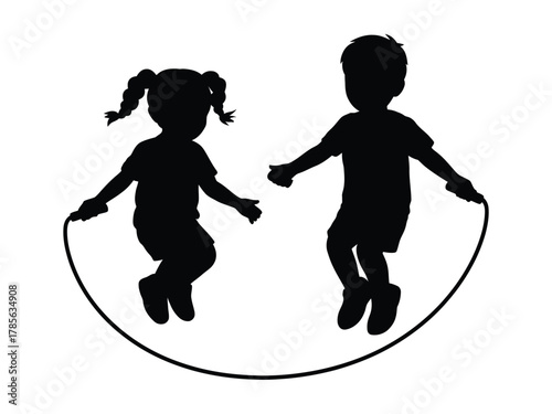 Children happily jump rope together as a silhouette against a white background.