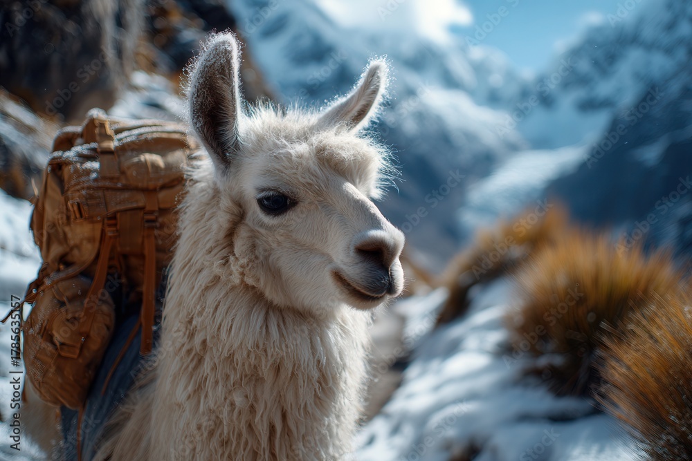 Naklejka premium Majestic llama with backpack trekking through snow-capped mountains, a symbol of resilience and adventure in the breathtaking Andean landscape