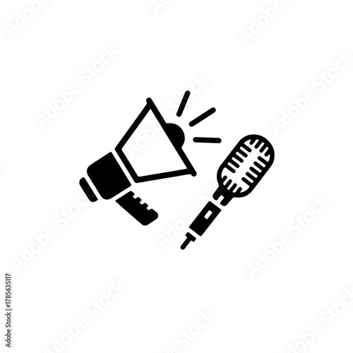 black and white icon of a megaphone or microphone. Symbolizes the courage of the young generation to speak up, engage in advocacy, and exercise their freedom of expression, driving momentum