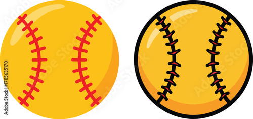 Two yellow softball balls with red and black stitching on a white background.