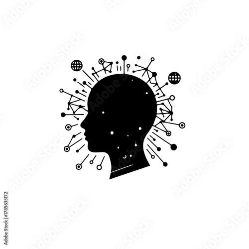 Digital Youth Activism and Global Network. Minimalist black and white icon combining a human head silhouette with connecting lines, symbolizing worldwide digital connectivity, global voice
