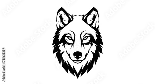 Detailed black and white illustration of a majestic wolf's head design isolated