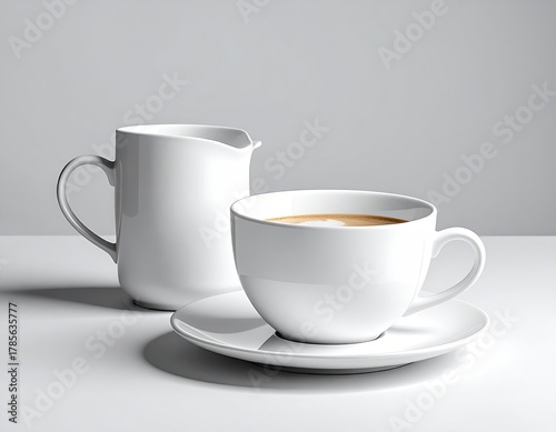 White ceramic cup & pitcher on white, with coffee drink