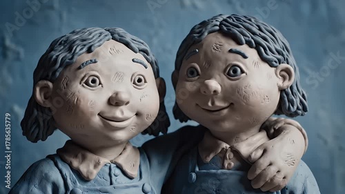Clay Sculpture Portrait Of Two Children With Blue Tones And Texture Background