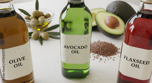 A close up of olive oil, avocado oil and flaxseed oil bottles with olives and avocado on the table