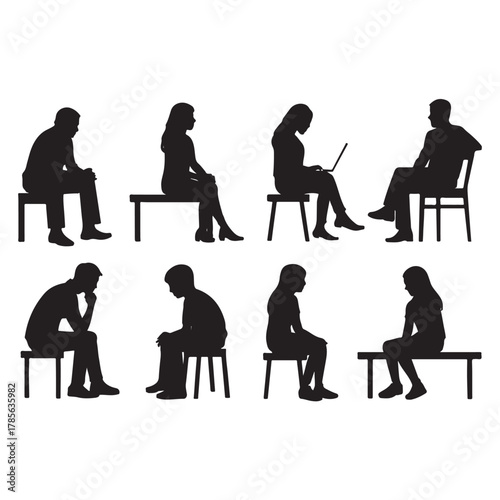 silhouettes of men and women and teenagers sitting on bench or chair vector