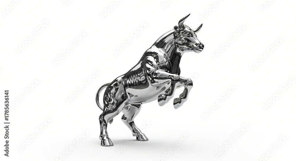Obraz premium Polished chrome bull statue rearing on hind legs isolated on white background