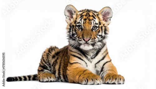Young tiger standing on white background showcasing vibrant coat, alert posture, and wildlife majesty