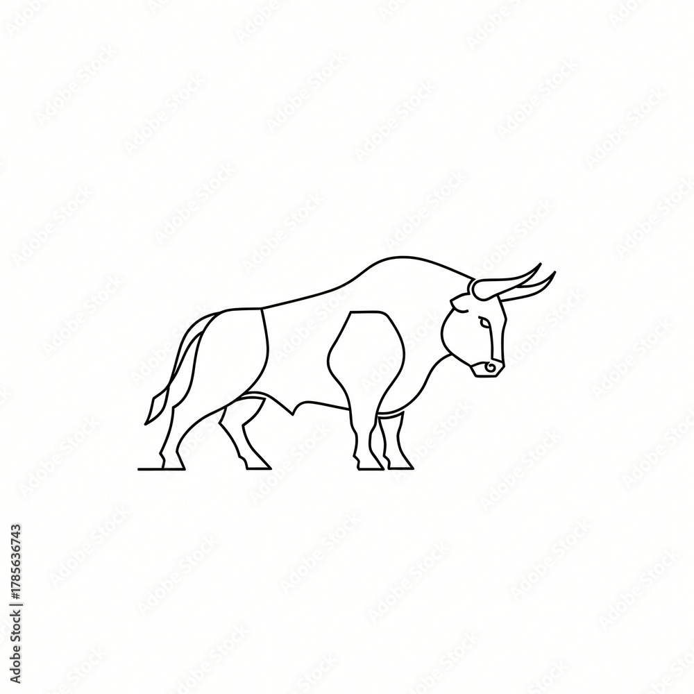 Fototapeta premium Minimalist black outline of a powerful bull standing stoically against a white background