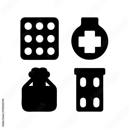 Medical icons set with pills, cross, and pharmacy supplies Vector, illustration