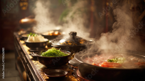 A selection of fresh ingredients and steaming hot pot in a restaurant.