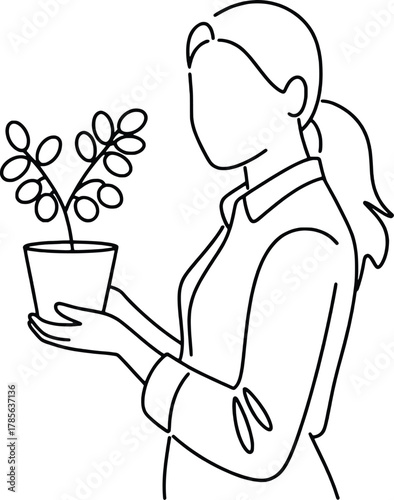 Woman holding a potted plant artistic line drawing representing growth and care