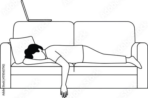 Exhausted person sleeping on sofa with laptop nearby overworked concept