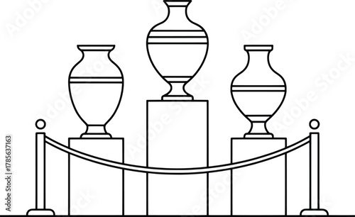 Museum display three ancient vases on pedestals behind rope barrier line art